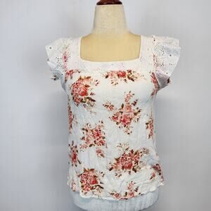 Thread & Clover Floral Flutter Sleeve Blouse Size M Cream Textured Rayon Cottage